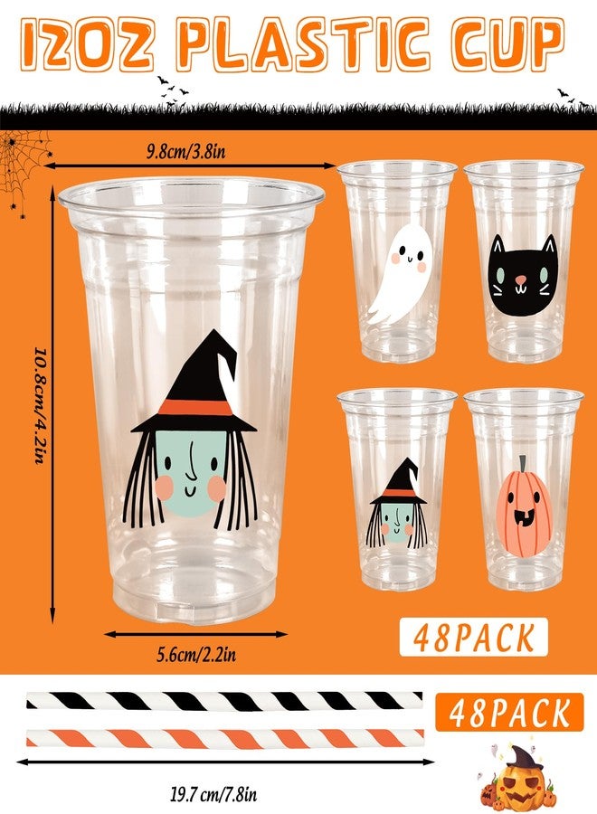 وولاين مجموعة أكواب بلاستيكية شفافة للاستخدام مرة واحدة من والين، 48 قطعة، سعة 12 أونصة، بتصميمات أشباح وقرع وقطة سوداء، مثالية لحفلات الهالوين وأعياد الميلاد. مزودة بأغطية وماصات. - Image 2